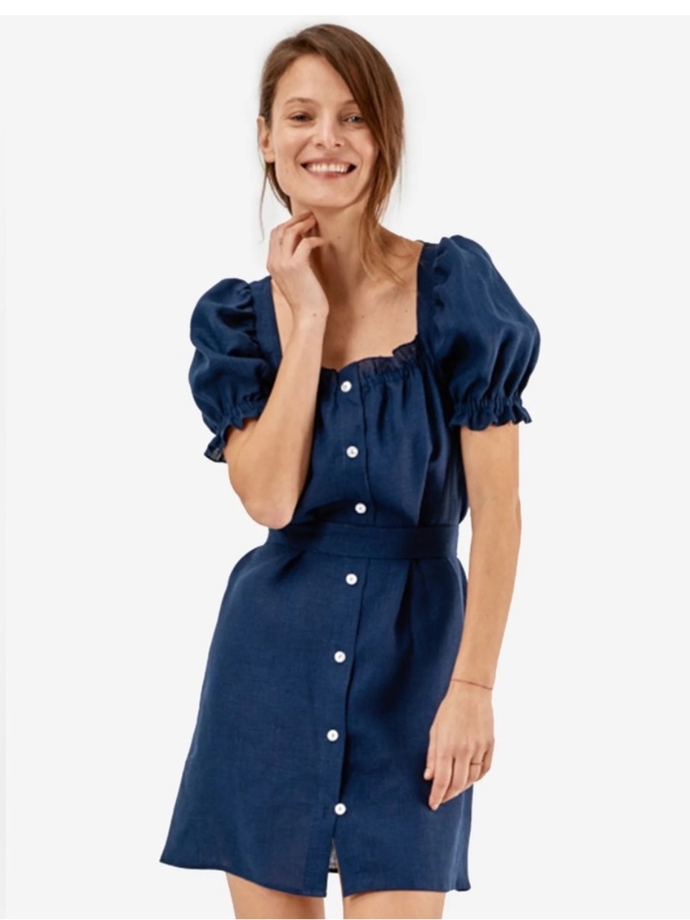 Sleeper Women's Bridgette Navy Puff-Sleeve Button-Front Dress S